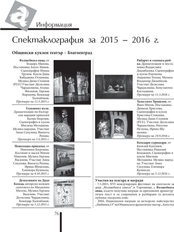 Спектаклография за 2015 - 2016 г.