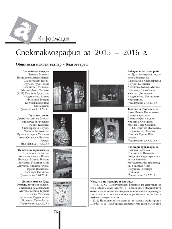 Спектаклография за 2015 - 2016 г.