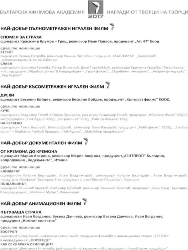 Българска филмова академия. Награди от творци на творци - 2017