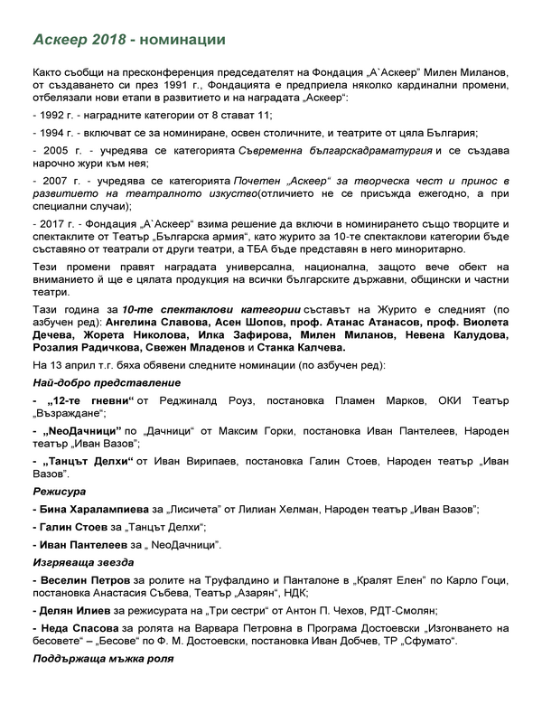Аскеер 2018 - номинации