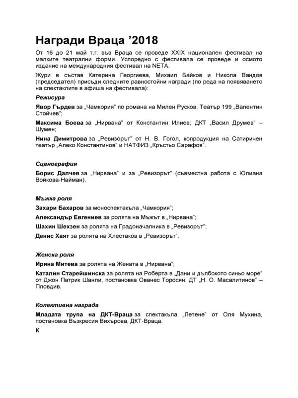 Награди Враца 2018