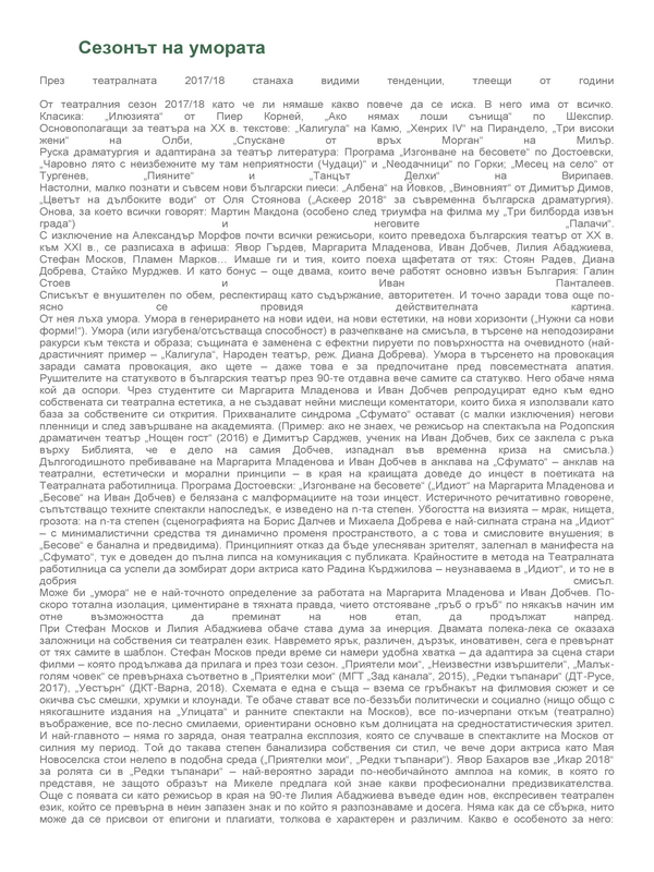 Сезонът на умората. През театралната 2017/18 станаха видими тенденции, тлеещи от години