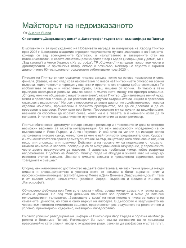 Майсторът на недоизказаното. Спектаклите 