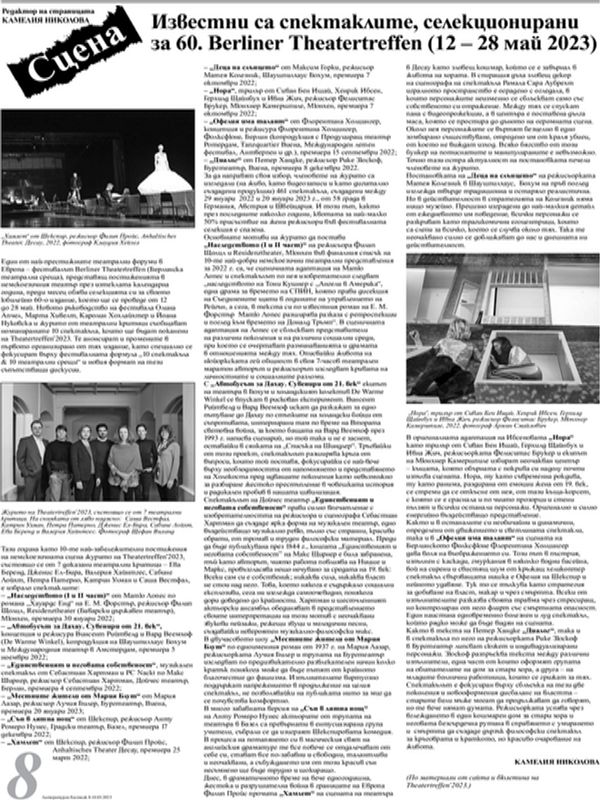 Известни са спектаклите, селекционирани за 60. Berliner Teaterfreffen (12-18 май 2023)