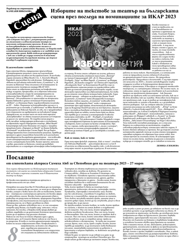 Изборите на текстове за театър на българската сцена през погледа на номинациите за ИКАР 2023